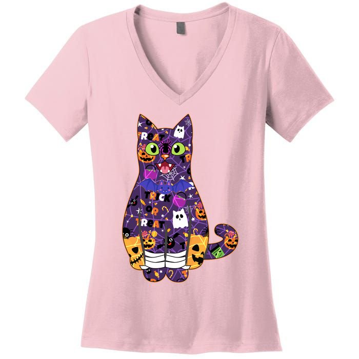 Spooky Cute Halloween Pattern Kitty Cat Women's V-Neck T-Shirt