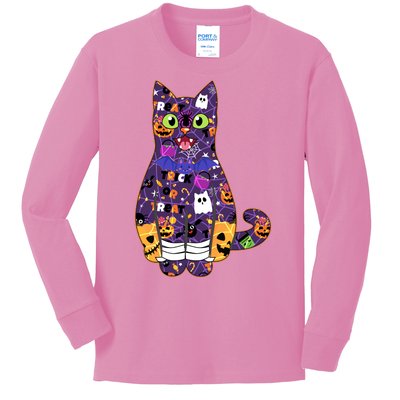 Spooky Cute Halloween Pattern Kitty Cat Kids Long Sleeve Shirt