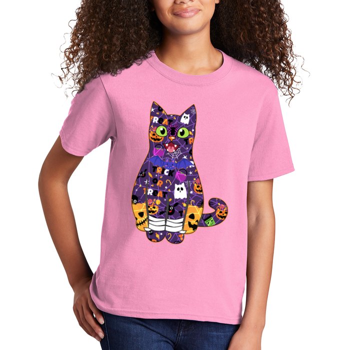 Spooky Cute Halloween Pattern Kitty Cat Kids T-Shirt