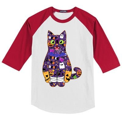 Spooky Cute Halloween Pattern Kitty Cat Kids Colorblock Raglan Jersey