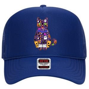 Spooky Cute Halloween Pattern Kitty Cat High Crown Mesh Back Trucker Hat