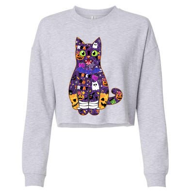 Spooky Cute Halloween Pattern Kitty Cat Cropped Pullover Crew