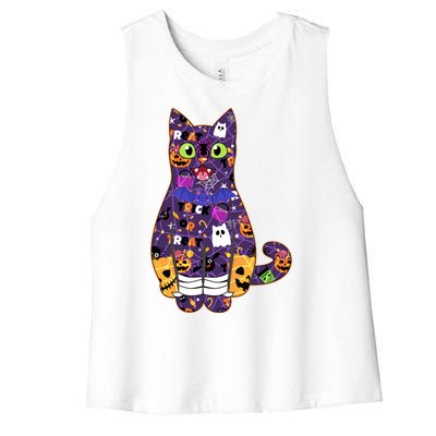 Spooky Cute Halloween Pattern Kitty Cat Women's Racerback Cropped Tank