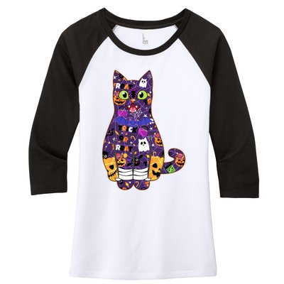 Spooky Cute Halloween Pattern Kitty Cat Women's Tri-Blend 3/4-Sleeve Raglan Shirt