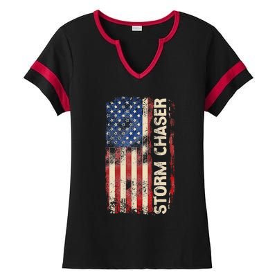 Storm Chaser Hurricane Meteorology Tornado Usa American Flag Ladies Halftime Notch Neck Tee