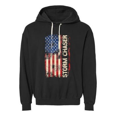 Storm Chaser Hurricane Meteorology Tornado Usa American Flag Garment-Dyed Fleece Hoodie