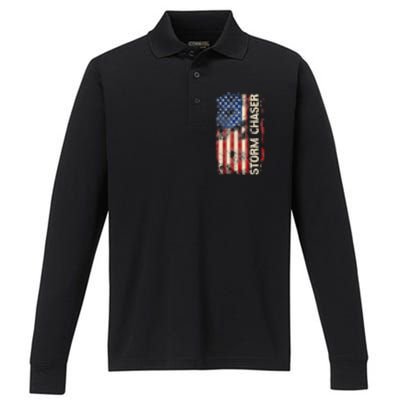 Storm Chaser Hurricane Meteorology Tornado Usa American Flag Performance Long Sleeve Polo