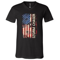 Storm Chaser Hurricane Meteorology Tornado Usa American Flag V-Neck T-Shirt