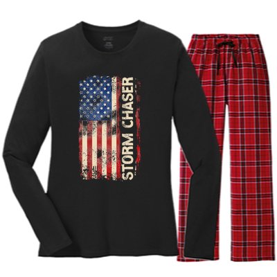 Storm Chaser Hurricane Meteorology Tornado Usa American Flag Women's Long Sleeve Flannel Pajama Set 