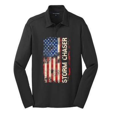 Storm Chaser Hurricane Meteorology Tornado Usa American Flag Silk Touch Performance Long Sleeve Polo