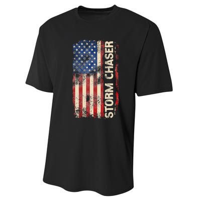 Storm Chaser Hurricane Meteorology Tornado Usa American Flag Performance Sprint T-Shirt