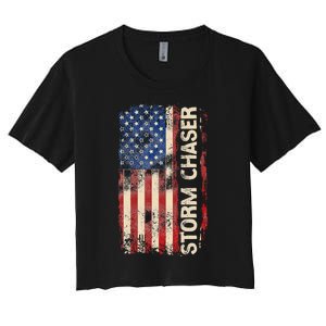 Storm Chaser Hurricane Meteorology Tornado Usa American Flag Women's Crop Top Tee