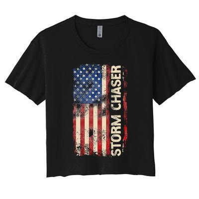 Storm Chaser Hurricane Meteorology Tornado Usa American Flag Women's Crop Top Tee