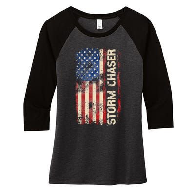 Storm Chaser Hurricane Meteorology Tornado Usa American Flag Women's Tri-Blend 3/4-Sleeve Raglan Shirt