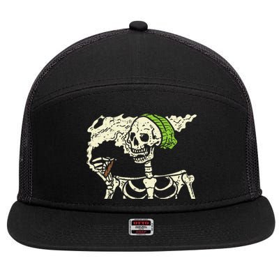 Spooky Cannabis Halloween Hilarious Smoking Skeleton Design 7 Panel Mesh Trucker Snapback Hat