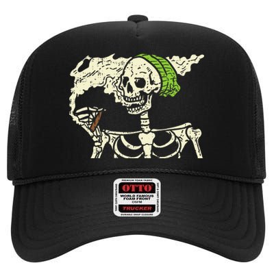 Spooky Cannabis Halloween Hilarious Smoking Skeleton Design High Crown Mesh Back Trucker Hat