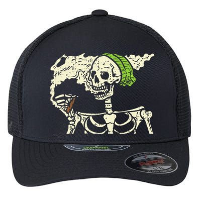 Spooky Cannabis Halloween Hilarious Smoking Skeleton Design Flexfit Unipanel Trucker Cap