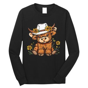 Scottish Cute Highland Cow Cattle Hairy Cow Flowers Long Sleeve Shirt