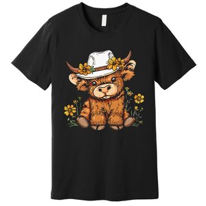 Scottish Cute Highland Cow Cattle Hairy Cow Flowers Premium T-Shirt