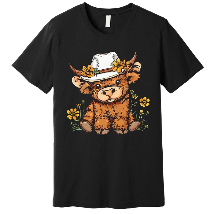 Scottish Cute Highland Cow Cattle Hairy Cow Flowers Premium T-Shirt