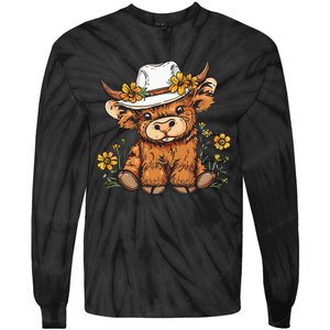 Scottish Cute Highland Cow Cattle Hairy Cow Flowers Tie-Dye Long Sleeve Shirt