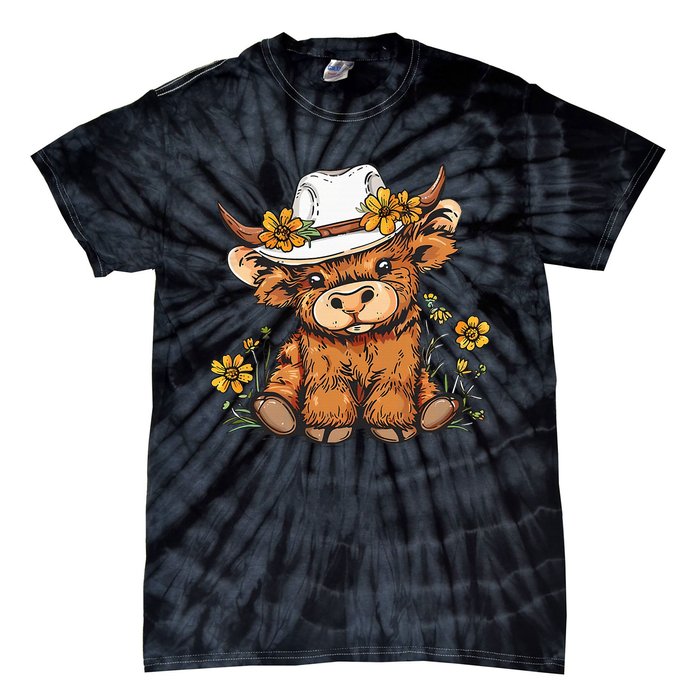 Scottish Cute Highland Cow Cattle Hairy Cow Flowers Tie-Dye T-Shirt