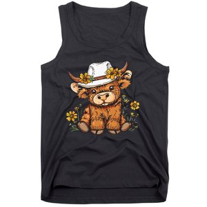 Scottish Cute Highland Cow Cattle Hairy Cow Flowers Tank Top