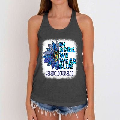 School Counselor In April We Wear Blue Autism Awareness Women's Knotted Racerback Tank