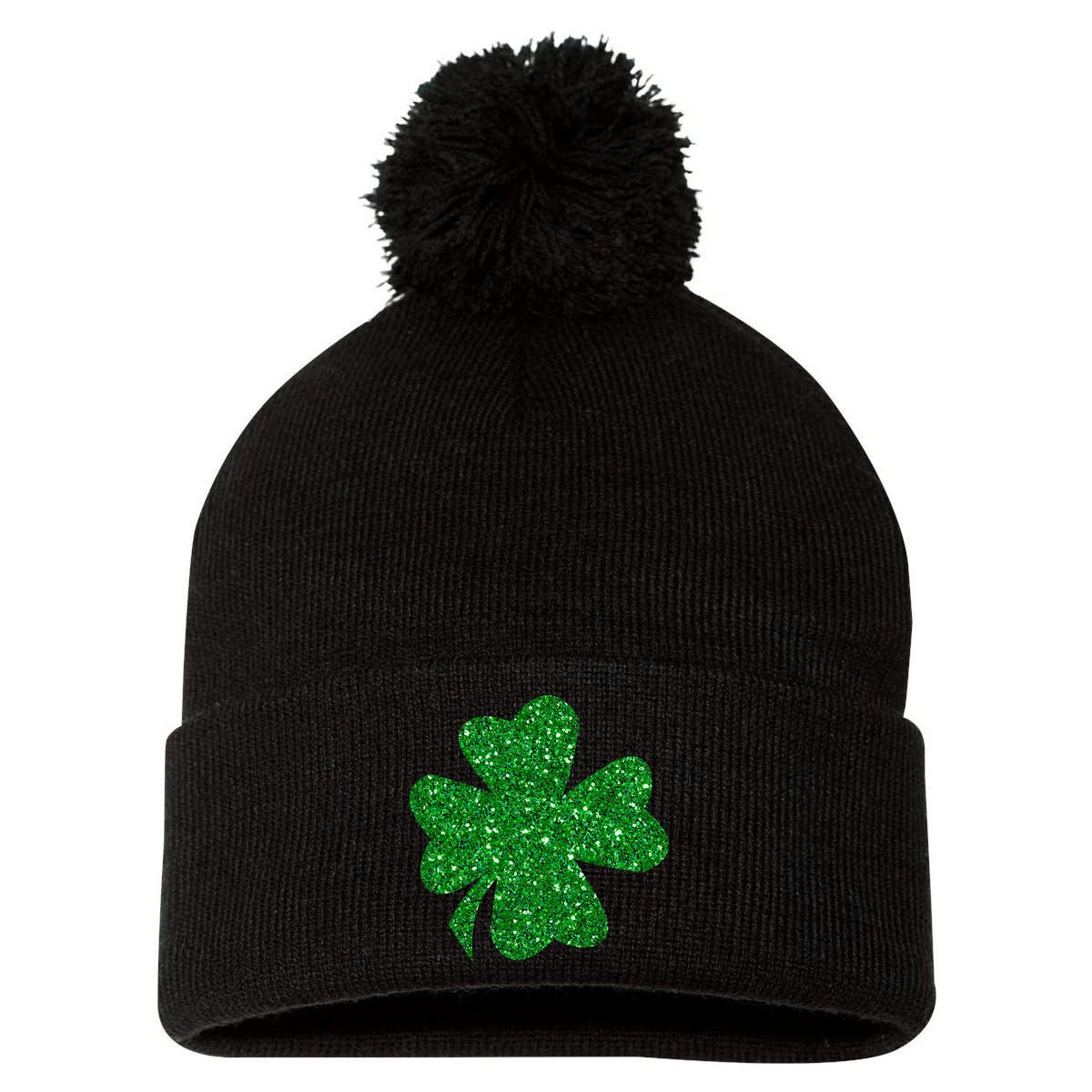 Sparkle Clover Irish For St Patricks & Pattys Day Pom Pom 12in Knit Beanie