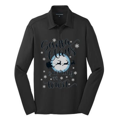 Santa Claus Is Coming To Town Flying Reindeer Snowflakes Gift Silk Touch Performance Long Sleeve Polo