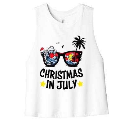 Sunglasses Christmas In July Santa Hat Summer Vacation Cute Women's Racerback Cropped Tank