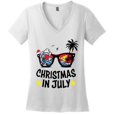 Sunglasses Christmas In July Santa Hat Summer Vacation Cute Women's V-Neck T-Shirt