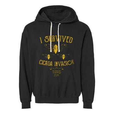 Survived Cicada Invasion Illinois Usa 2024 Yellow Grunge Garment-Dyed Fleece Hoodie