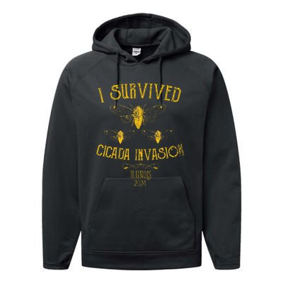 Survived Cicada Invasion Illinois Usa 2024 Yellow Grunge Performance Fleece Hoodie