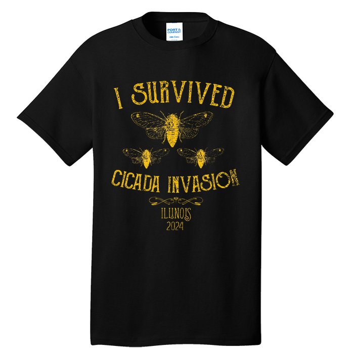 Survived Cicada Invasion Illinois Usa 2024 Yellow Grunge Tall T-Shirt