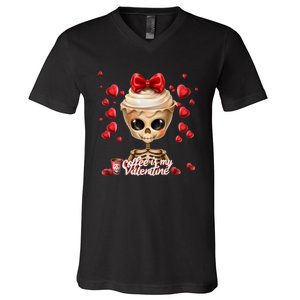 Skeleton Coffee Is My Valentine Funny Valentines Day V-Neck T-Shirt