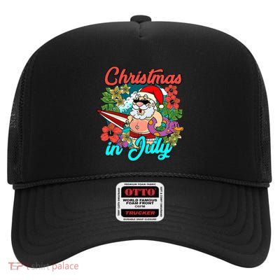 Santa Christmas In July Beach Summer Vacation Hawaii High Crown Mesh Back Trucker Hat