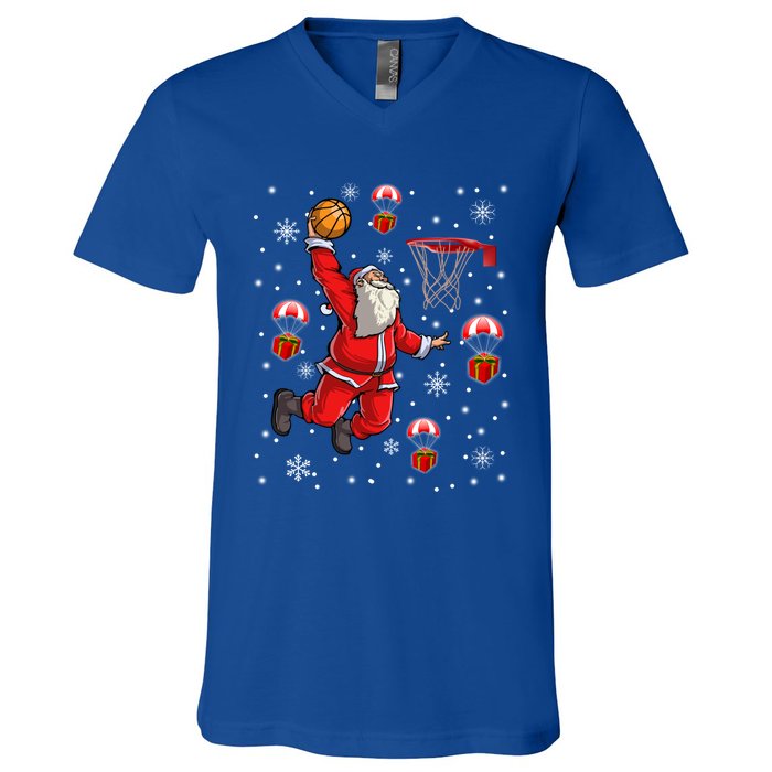 Santa Claus Is Playing Basketball Christmas Gift V-Neck T-Shirt