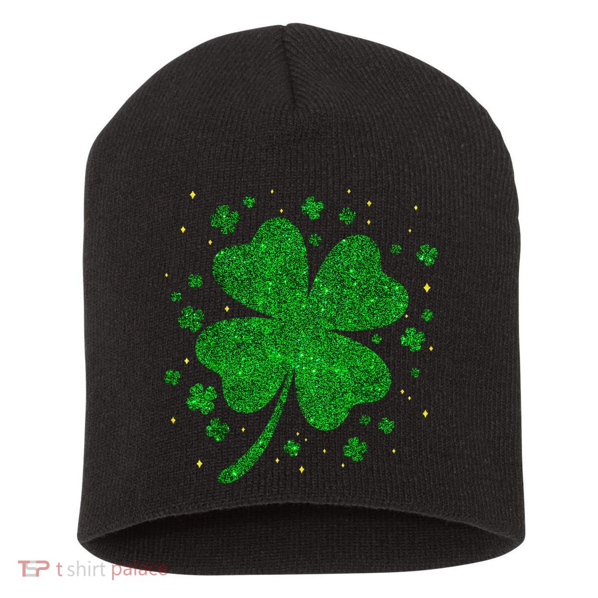 Sparkle Clover Irish For St Patricks & Pattys Day Short Acrylic Beanie