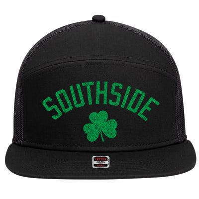 Southside Chicago Irish Shamrock Distressed Green Print Funny Gift 7 Panel Mesh Trucker Snapback Hat