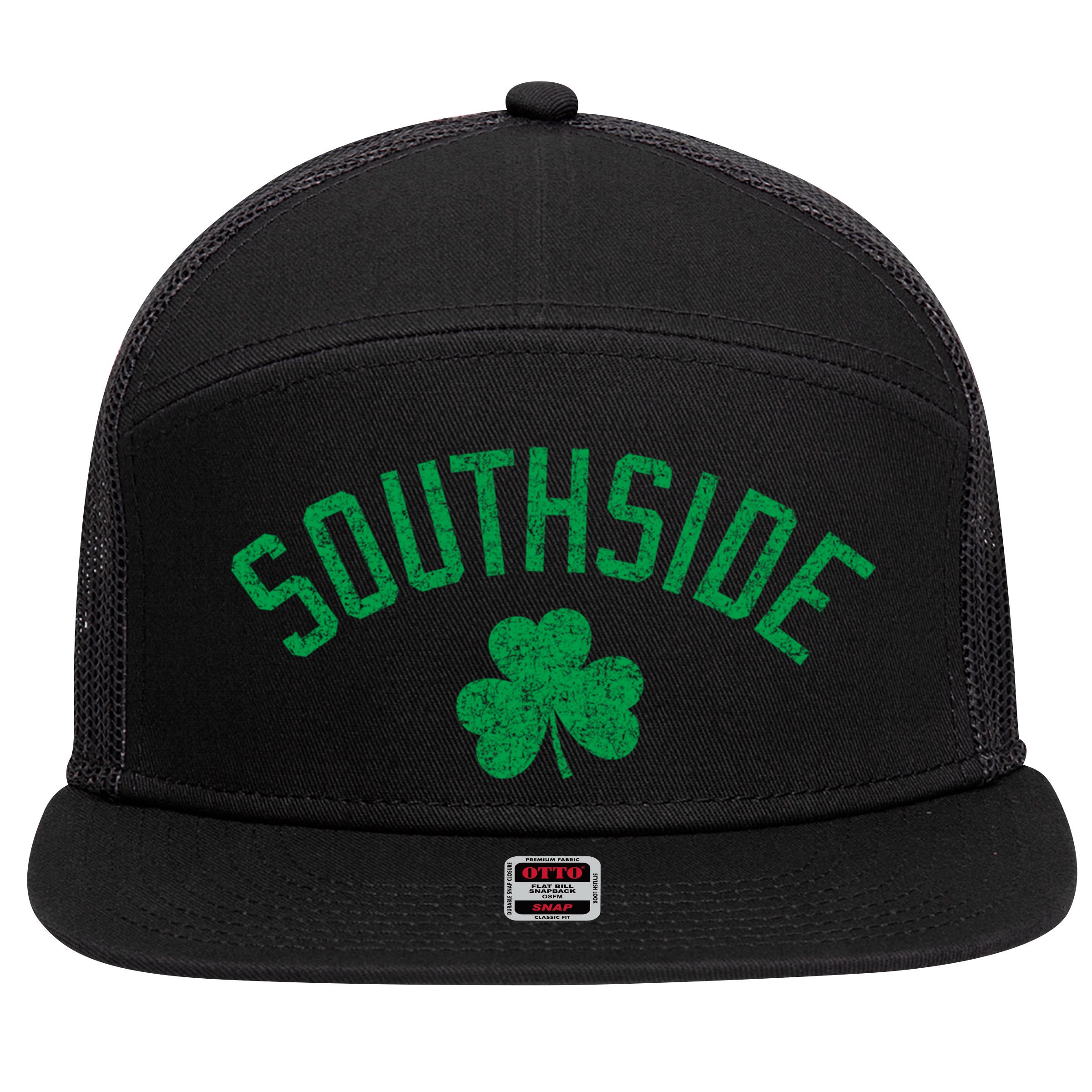 Southside Chicago Irish Shamrock Distressed Green Print Funny Gift 7 Panel Mesh Trucker Snapback Hat