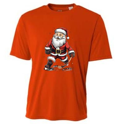 Santa Claus Ice Hockey Player Hockey Stick Christmas Cool Gift Cooling Performance Crew T-Shirt