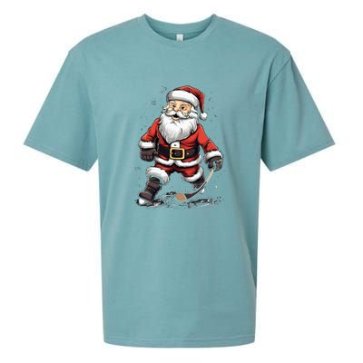 Santa Claus Ice Hockey Player Hockey Stick Christmas Cool Gift Sueded Cloud Jersey T-Shirt