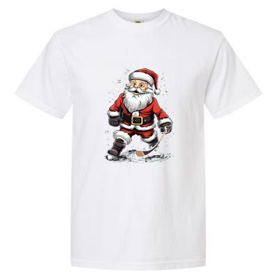 Santa Claus Ice Hockey Player Hockey Stick Christmas Cool Gift Garment-Dyed Heavyweight T-Shirt