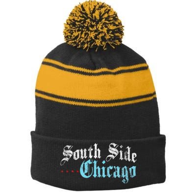 Southside Chicago Il Vintage Distressed Stripe Pom Pom Beanie