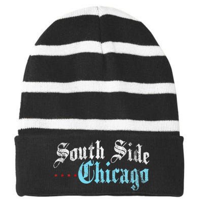 Southside Chicago Il Vintage Distressed Striped Beanie with Solid Band