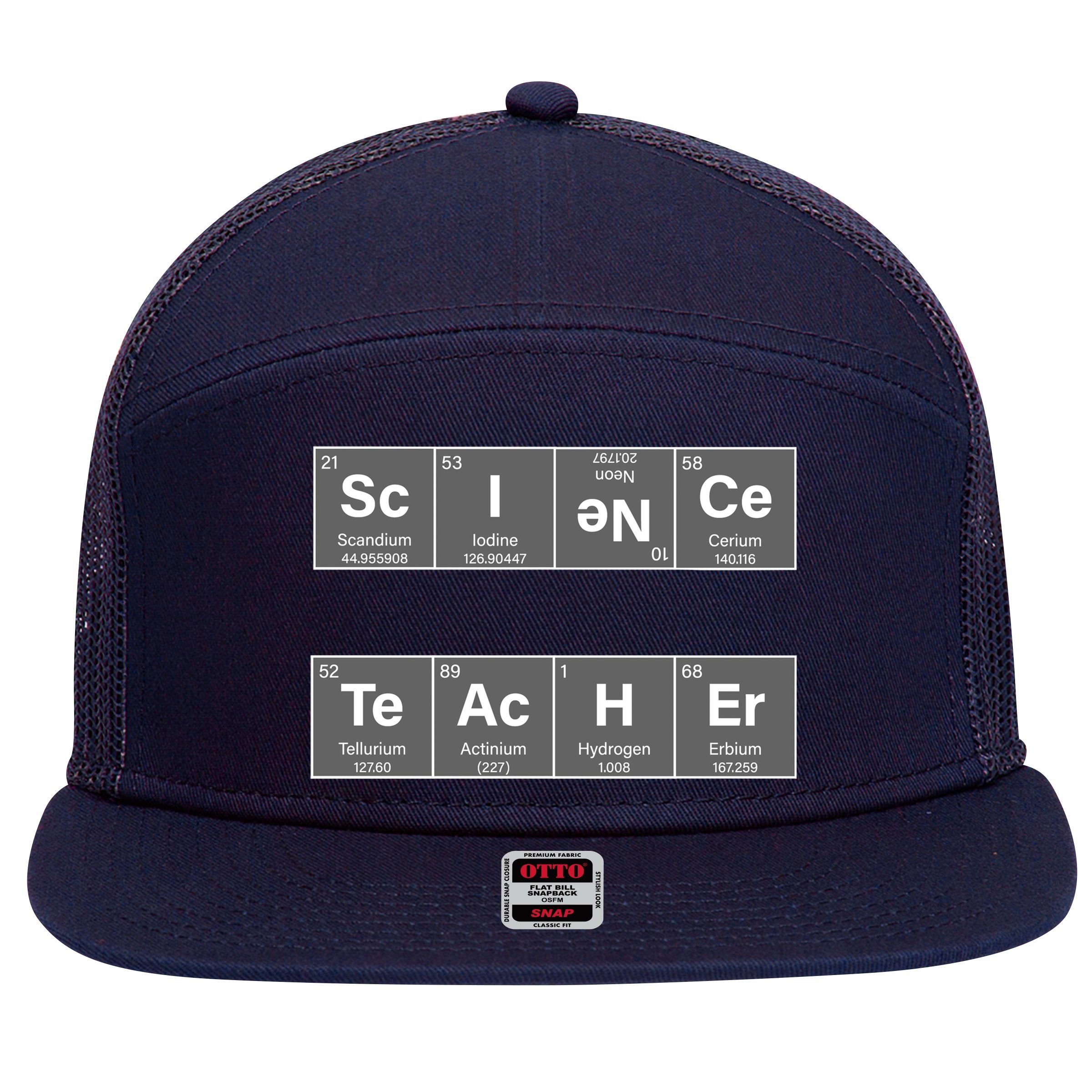 Science Teacher Periodic Table Logo 7 Panel Mesh Trucker Snapback Hat