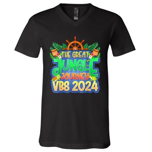 Summer Camp Jungle Journey Vbs 2024 Vacation Bible School V-Neck T-Shirt