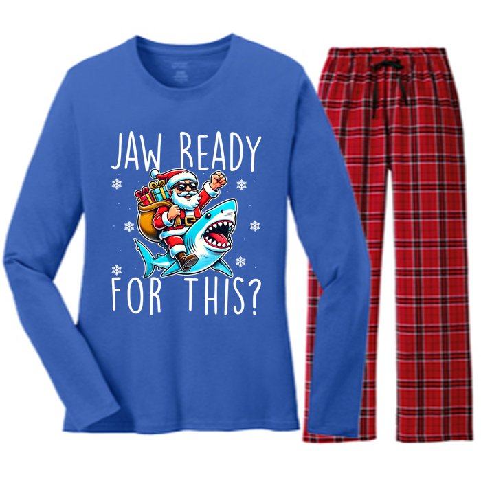 Shark Christmas Jaw Ready For This Santa Hat Sunglasses Xmas Cute Gift Women's Long Sleeve Flannel Pajama Set 