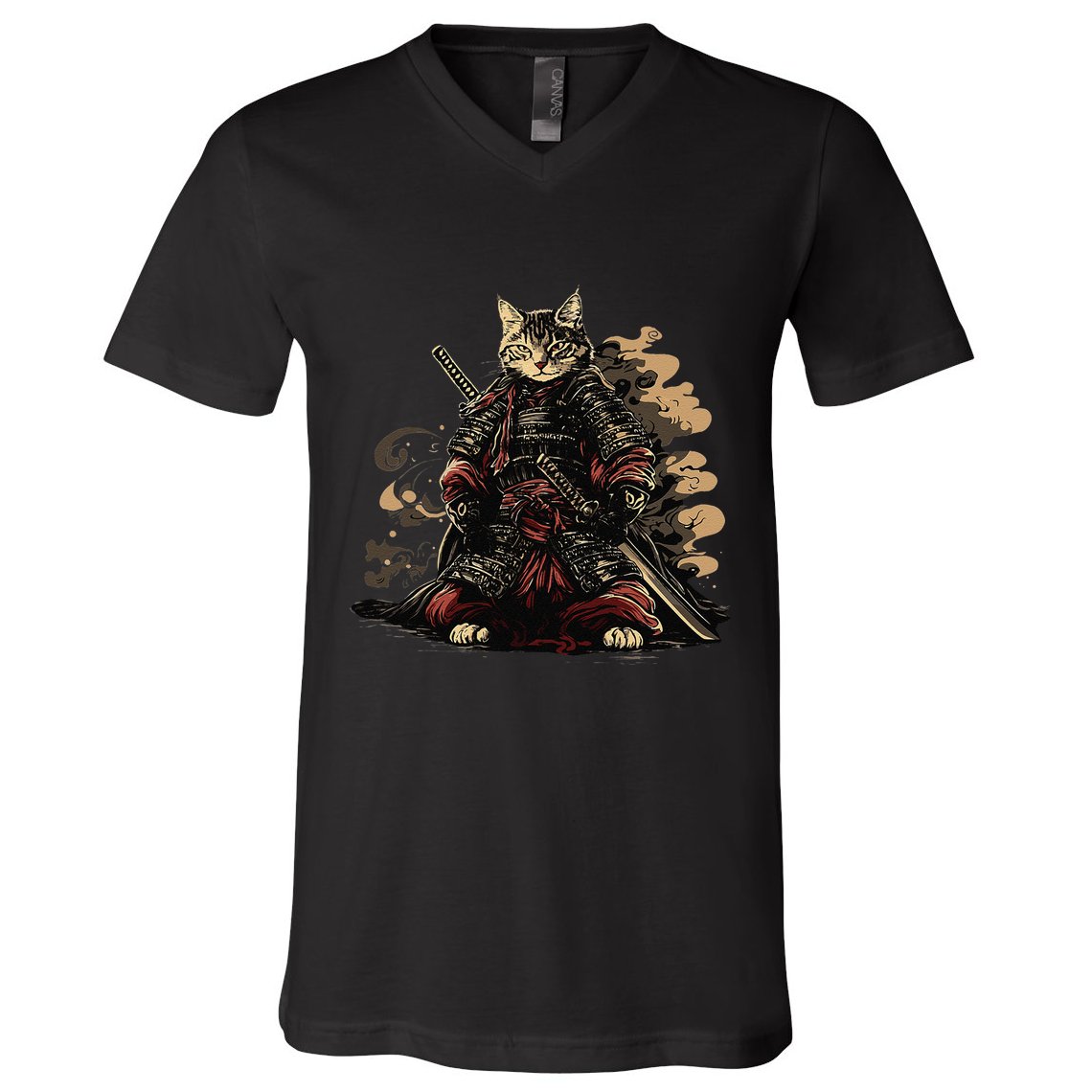Samurai Cat Japanese Graphic Art Anime Warrior Cat Lover V-Neck T-Shirt